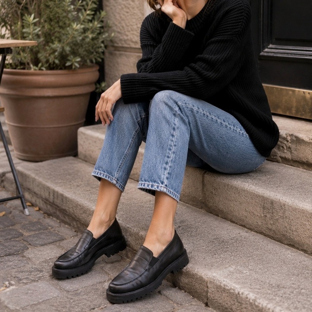 Paul Green Munchen Black Leather Loafers Vibram Lug Sole Womens Sz 7 US 9.5